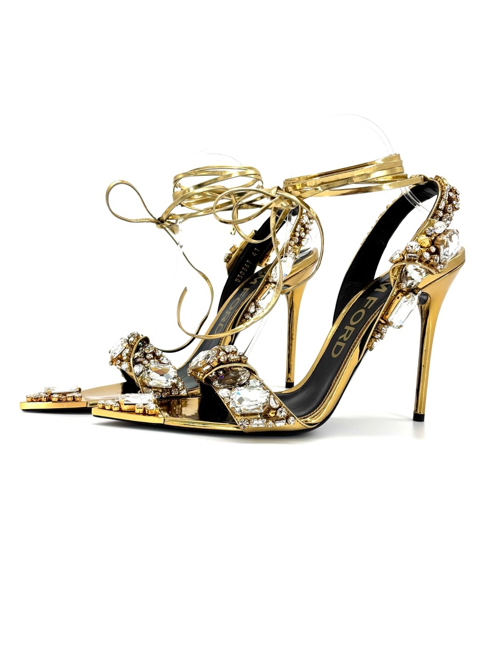 Tom Ford Mirror 100 Metallic Crystal Embellished Ankle Wrap High Heel Sandals 41